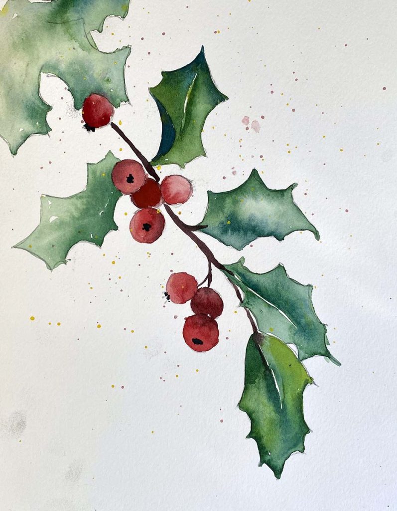 Watercolor Holly Branch Christmas card painting by Deb Watson