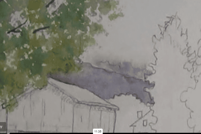 Step 5 - Paint the distant hill in watercolor tutorial Country road in Bright Sun with red Barn