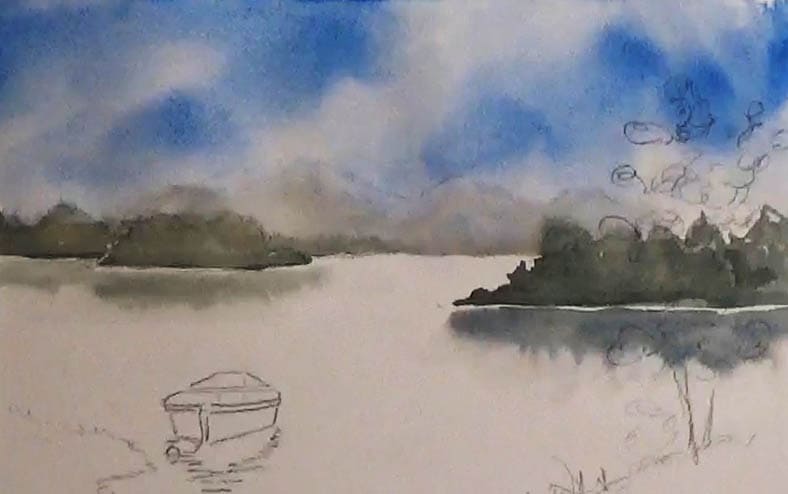 How to paint a boat in watercolor tutorial - distant trees and reflection