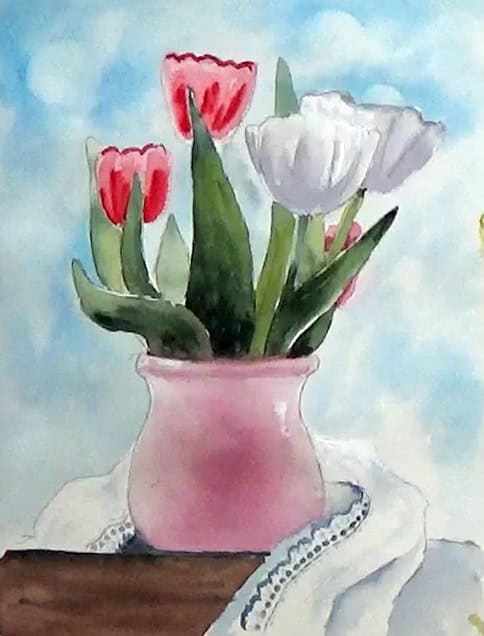 Painting leaves, vase and lace for watercolor tutorial