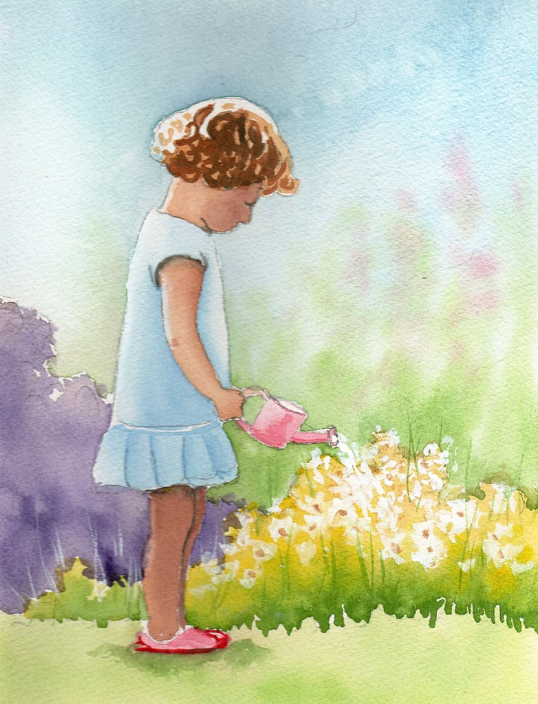 watercolor painting of Girl in Garden