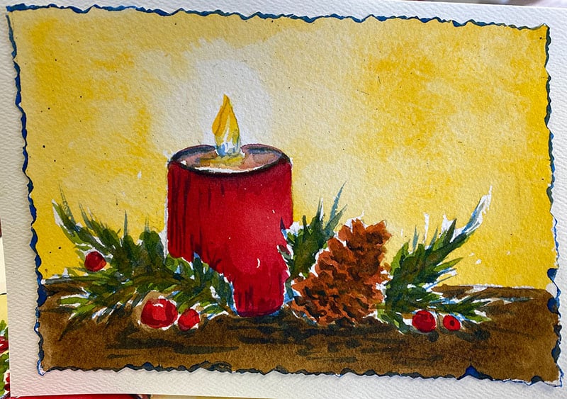 Student watercolor painting of watercolor tutorial Easy Glowing Christmas Card in Watercolor by Deb Watson