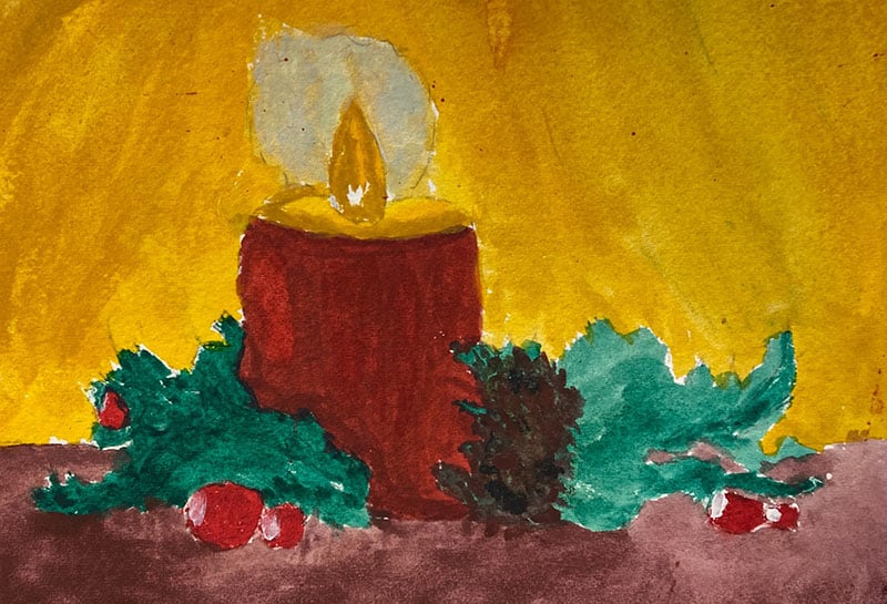 Student watercolor painting of watercolor tutorial Easy Glowing Christmas Card in Watercolor by Deb Watson