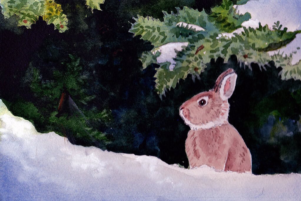 Bunny in Snow Finished Watercolor Painting