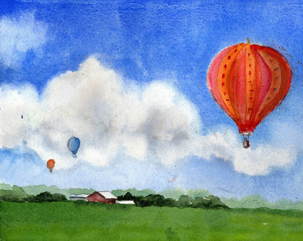Watercolor Landscape with Clouds and Hot Air Balloons