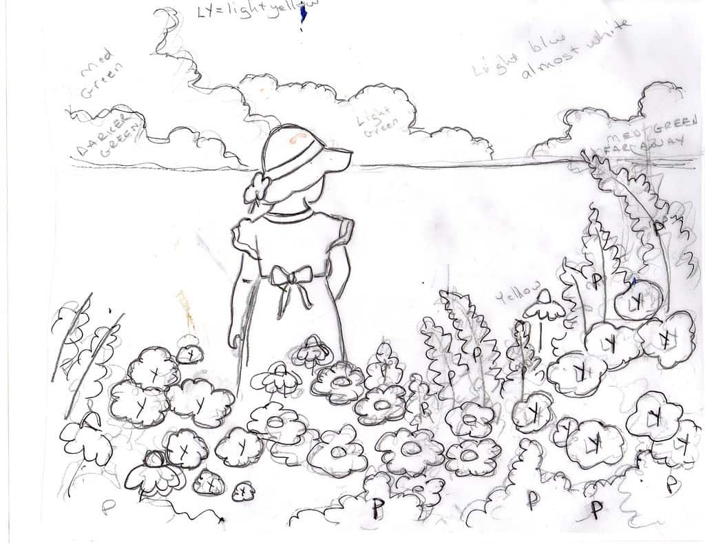 Outline page for watercolor tutorial 'girl in wildflowers for beginners'