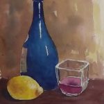 Watercolor painting of Still life with wine bottle and lemon