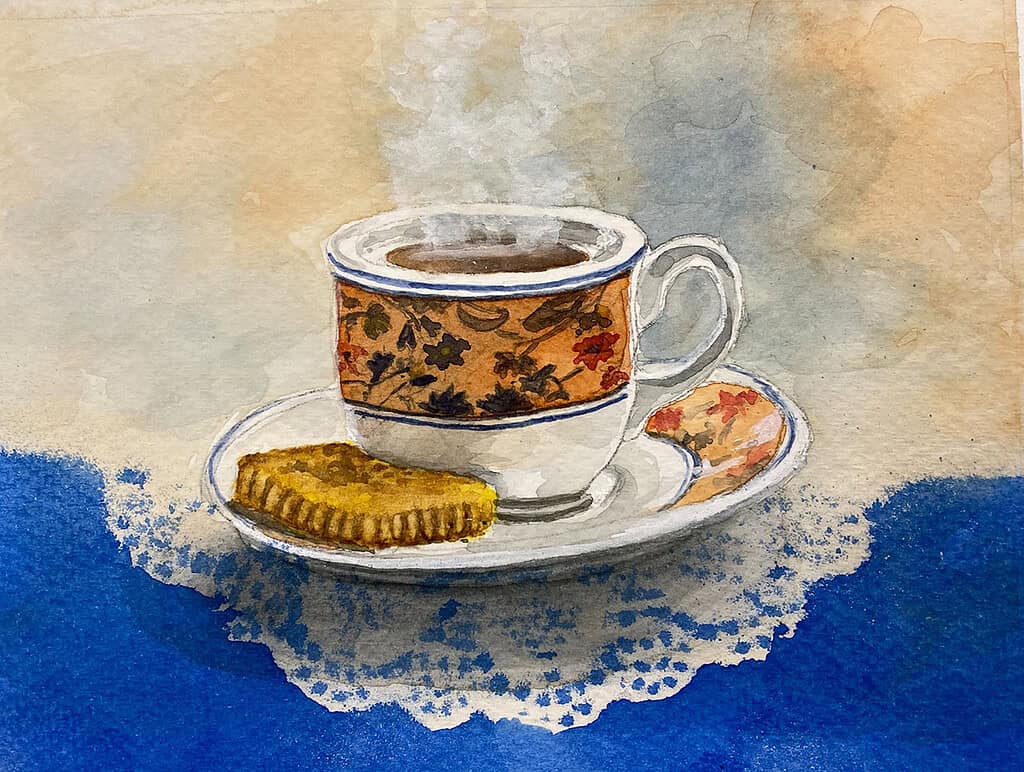 Student Watercolor Painting of Cup and Cookie