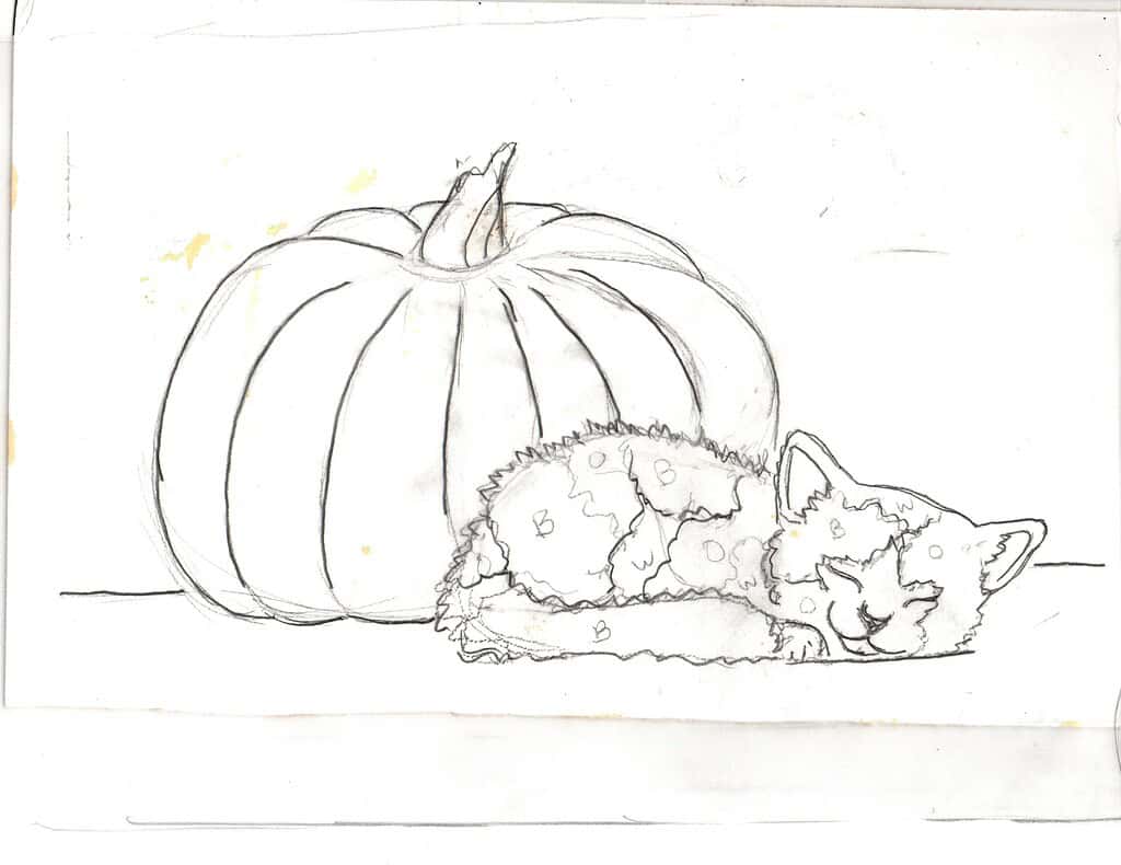 Outline page for kitten and pumpkin tutorial
