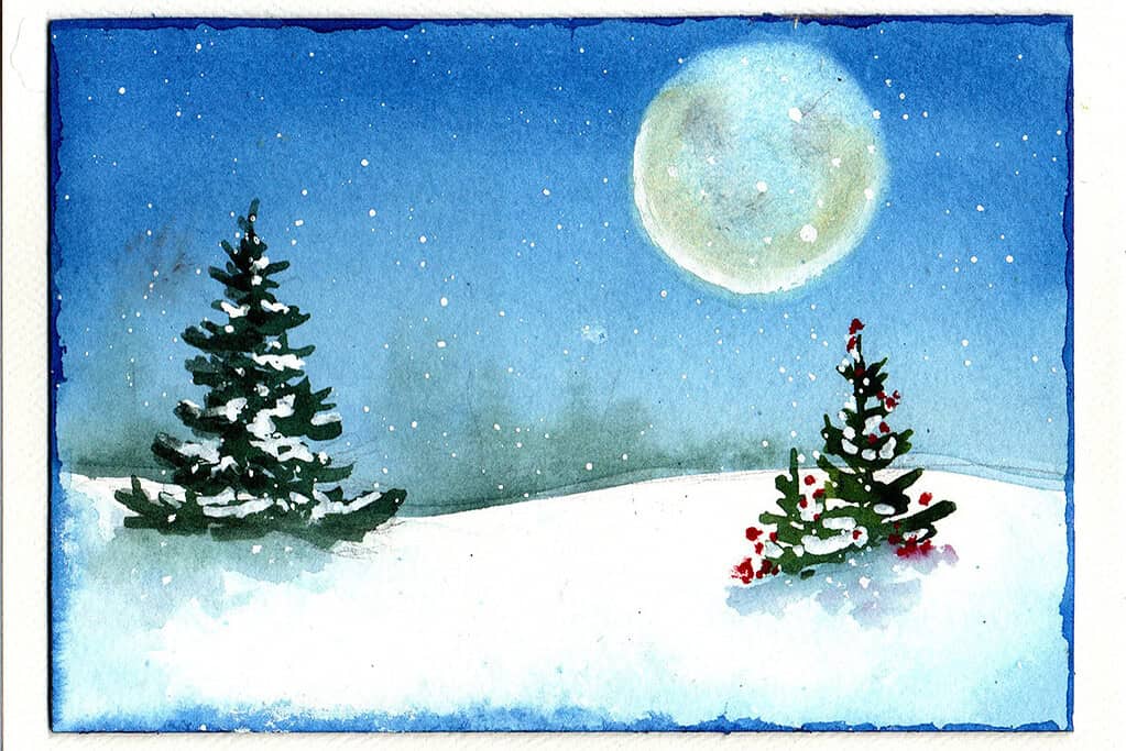 watercolor painting of snowy landscape Christmas card