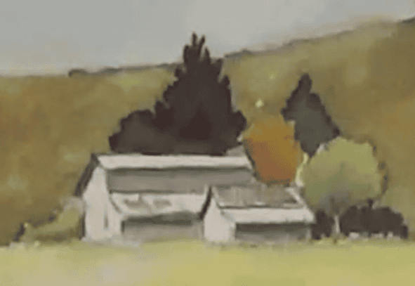 In Progress step for barn and tree watercolor painting