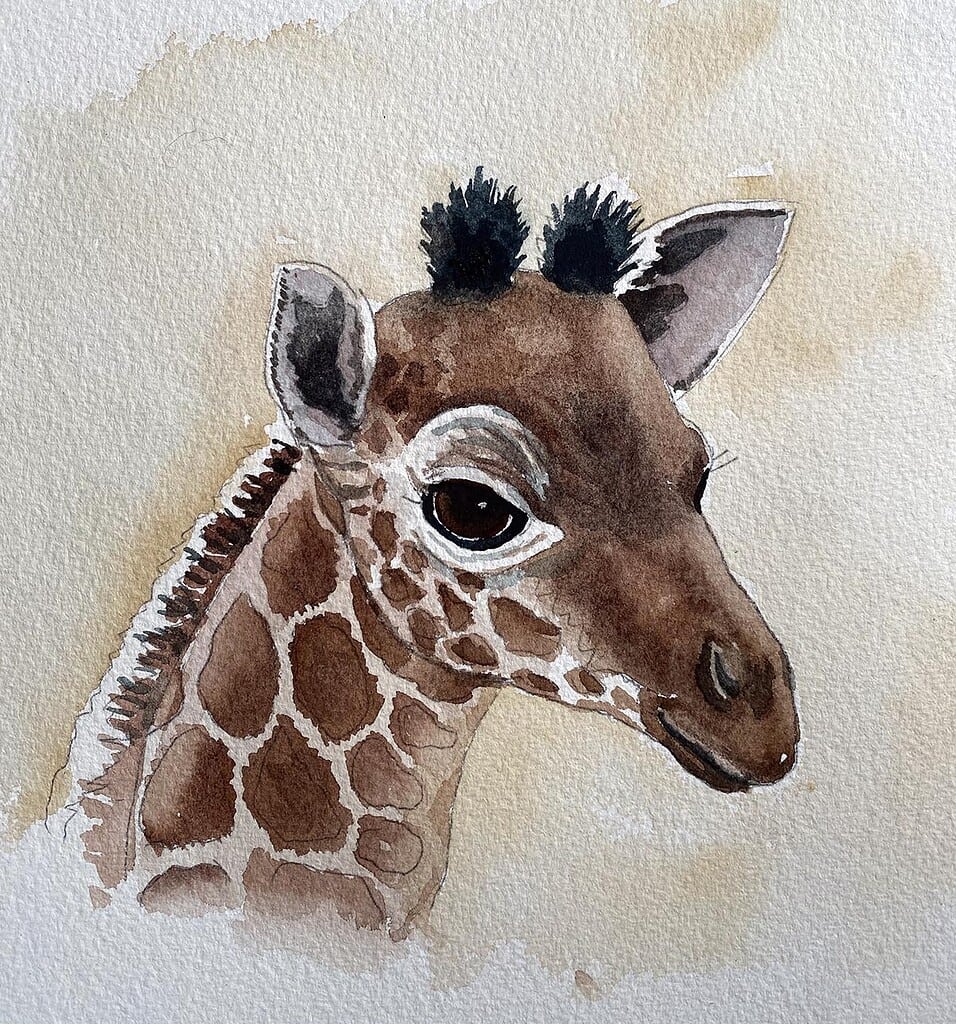 Giraffe watercolor art with detailed features and soft background.