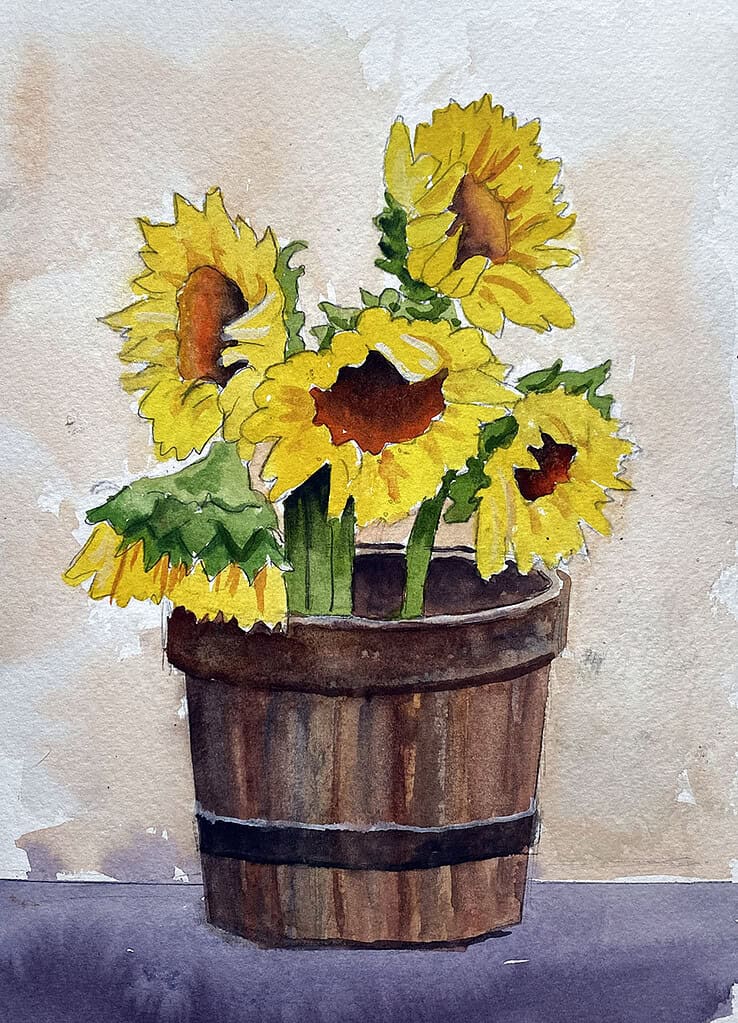 Watercolor Painting of Yellow Sunflowers in a wooden bucket
