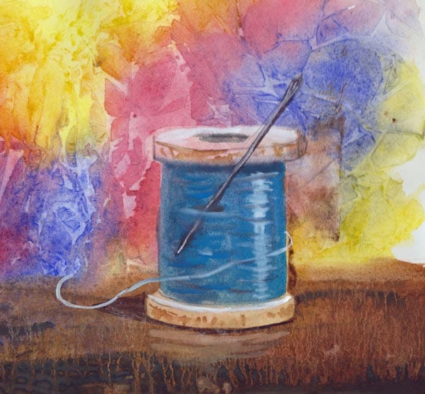 Student watercolor painting of spool of thread online tutorial