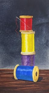 Student watercolor painting of spool of thread online tutorial