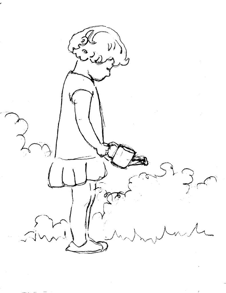 Girl in Garden Outline Page