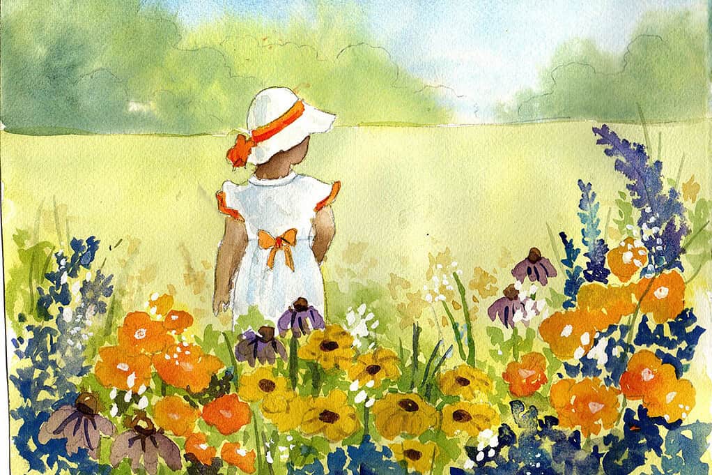 watercolor painting of girl in wildflowers