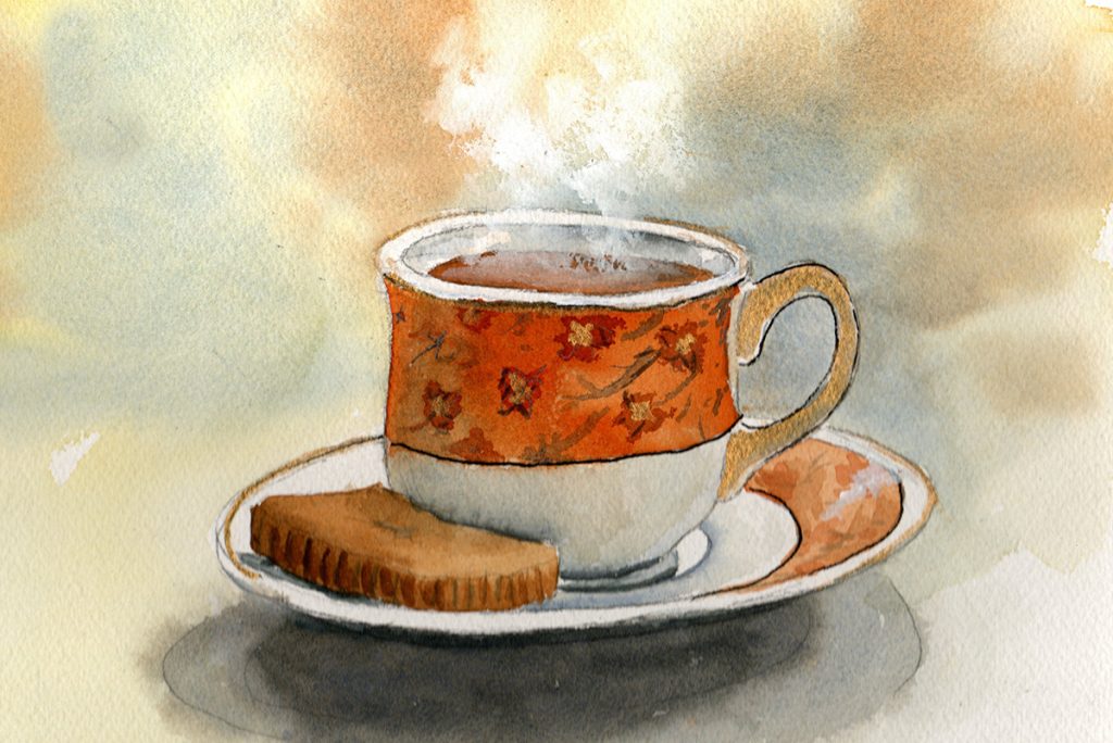 watercolor painting of cup and cookie